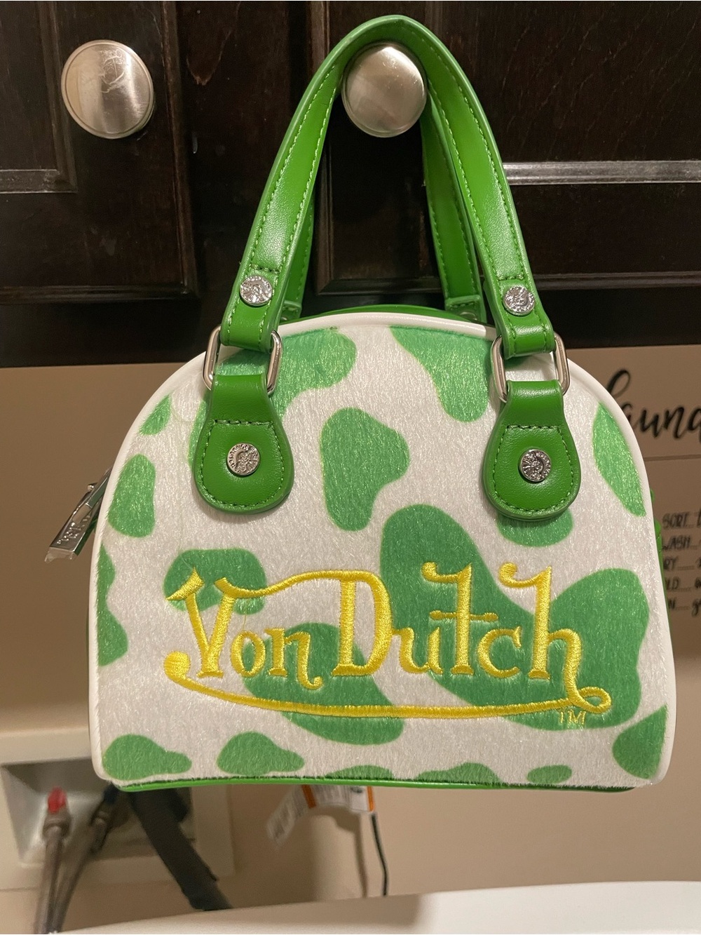 NWT Von Dutch Green & White Cow Hide Patterned Mini Bag